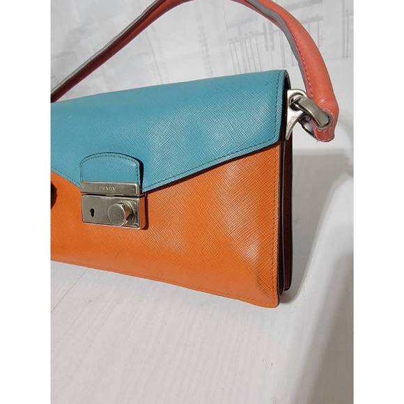 Authentic Prada Saffiano Sound Lock Pochette Shoulder Bag Orange/Blue - Picture 13 of 16